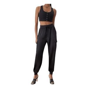 GSTQ Black Satin Cargo Jogger Pants Drawstring Pull-on 2X